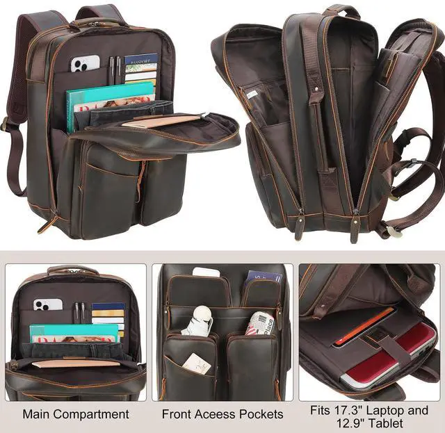 Alt view image 3 of 5 - TIDING 17.3" Full Grain Leather Laptop Backpack for Men Multi Pockets Casual Daypack Business Travel Rucksack