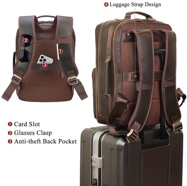 Alt view image 2 of 5 - TIDING 17.3" Full Grain Leather Laptop Backpack for Men Multi Pockets Casual Daypack Business Travel Rucksack