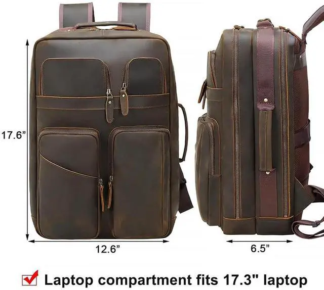 Alt view image 5 of 5 - TIDING 17.3" Full Grain Leather Laptop Backpack for Men Multi Pockets Casual Daypack Business Travel Rucksack