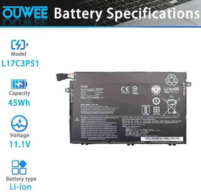Alt view image 2 of 5 - OUWEE L17C3P51 Laptop Battery Compatible with Lenovo ThinkPad E14 E15 E480 E485 E495 E580 E585 E490 E590 E595 Series SB10K97609 01AV448 L17M3P52 01AV447 L17L3P51 01AV445 L17M3P51 01AV446 11.1V 45Wh