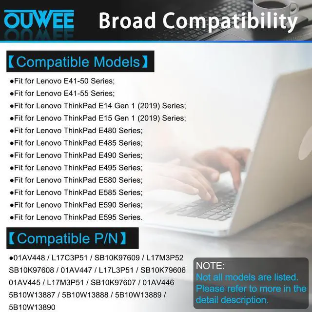 Alt view image 3 of 5 - OUWEE L17C3P51 Laptop Battery Compatible with Lenovo ThinkPad E14 E15 E480 E485 E495 E580 E585 E490 E590 E595 Series SB10K97609 01AV448 L17M3P52 01AV447 L17L3P51 01AV445 L17M3P51 01AV446 11.1V 45Wh