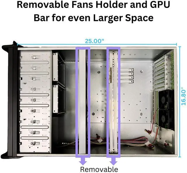 Alt view image 4 of 5 - RackOwl 4U Server Chassis Rackmount Server Case; 8X HDD Bays & 3X 5.25 Devices; E-ATX/CEB/ATX Motherboards; Fan: Front 2X 120mm, Mid 3X 120mm, Rear 2X 80mm, Front Panel Lock, Size:16.8X 7.0X 25.0