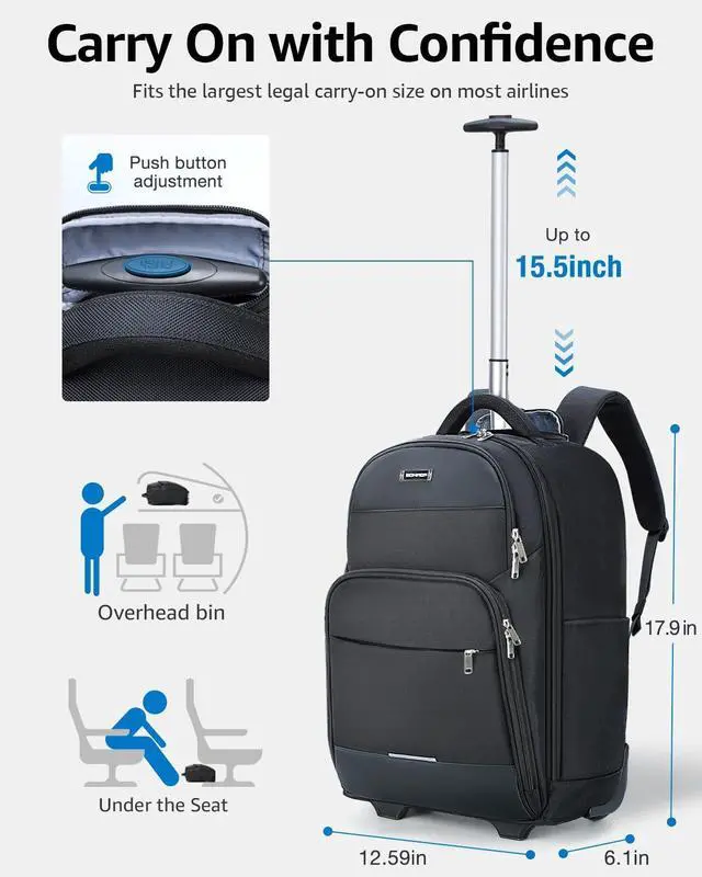 Alt view image 3 of 5 - Ponhog Rolling Backpack, 30L Travel Laptop Backpack with Wheels, 15.6 Inch Roller Carry on Luggage with USB Charging Port, Flight Approved Personal Item Wheeled Suitcase for Men Women Adults, Black