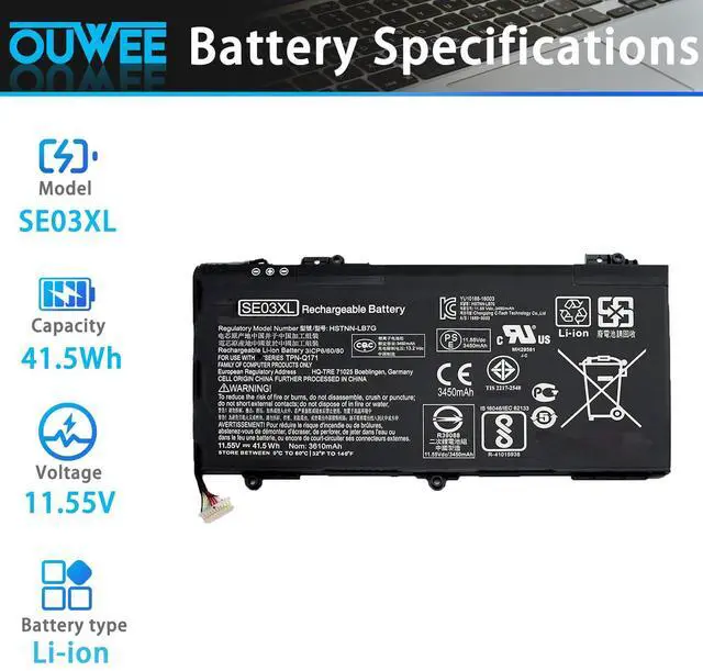 Alt view image 2 of 5 - OUWEE SE03XL Laptop Battery Compatible with HP Pavilion 14 14-AL000 14-AL125TX 14-AL136TX Series SE03041XL HSTNN-LB7G HSTNN-UB6Z TPN-Q171 849568-421 849568-541 849908-850 11.55V 41.5Wh 3615mAh
