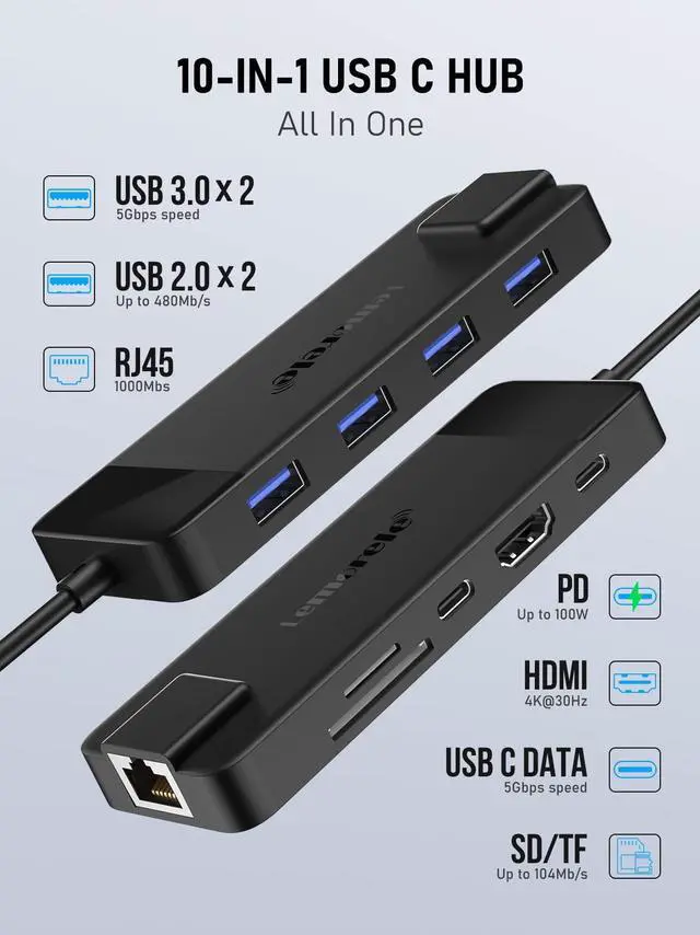 Alt view image 2 of 5 - Lemorele USB C Hub Multiport Adapter 10-in-1 USB C Dongle for MacBook Pro Air, Gigabit Ethernet with 4K HDMI, 100W PD, USB 3.0 5Gbps Port, SD/TF Card Reader Adapter, Compatible for Windows/Mac/iPad