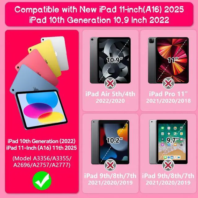 Alt view image 2 of 5 - Grifobes for iPad 11-inch (A16) 2025 / 10th Generation Case 10.9 inch 2022, iPad 11th / 10th Case with Pencil Holder Heavy Duty Rugged Protective Cover with Kickstand for Girls Kids Hot Pink