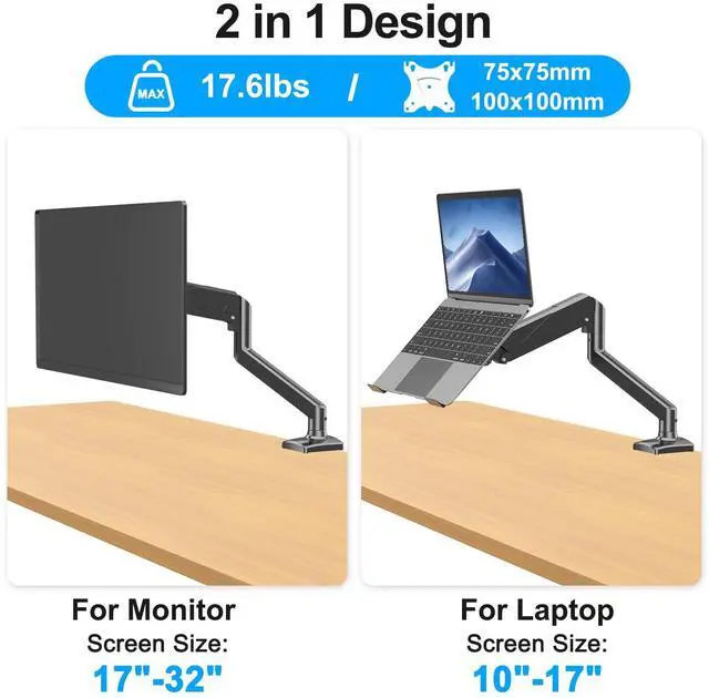 Alt view image 2 of 5 - ErgoFocus Laptop Stand Desk Mount, 2 in 1 Function, Gas Spring Arm Fits Max 17" Notebook and 32" Computer Screen, Single Monitor Mount with Laptop Tray, Holds up to 17.6lbs