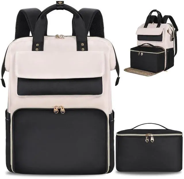 Main image of BERTASCHE Lunch Backpack for Women, 15.6 Inch Laptop Backpack with Insulated Cooler Lunch box, Work Backpack for Teacher Nurse Travel College Picnic, Black-Beige