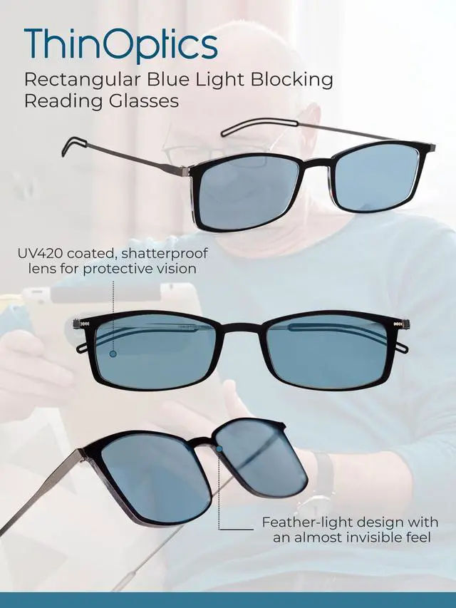 Alt view image 2 of 5 - Always With You ThinOptics Blue Light Blocking Reading Glasses for Computers & Screens - Ultra Lightweight and Durable - Rectangular Clear 2.0x