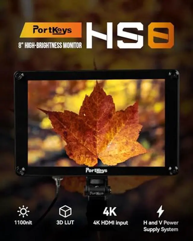 Alt view image 2 of 5 - Portkeys HS8 Camera Field Monitor 8" 1100nit Brightness Dual NP-F Battery Plates 3D LUT 4K HDMI Input 3G SDI in/Out Aluminum Housing, VESA 100 x 100 Mounting Points