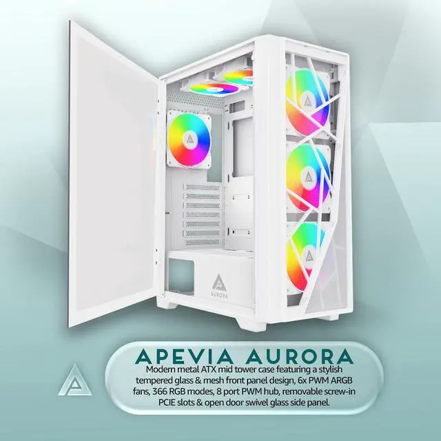 Alt view image 2 of 5 - Apevia Aurora-WH Aurora Mid Tower Gaming PC Case w/ 6X 120mm PWM ARGB Fans, 366 RGB Light Modes, 1x Glass & Mesh Front Panel, 1x Door Swivel Style Magnetic Glass Side Panel, 2X USB3.0, White