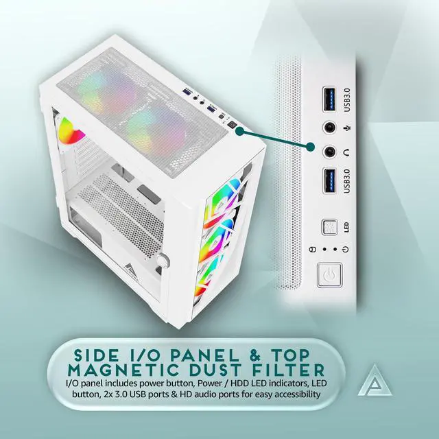 Alt view image 5 of 5 - Apevia Aurora-WH Aurora Mid Tower Gaming PC Case w/ 6X 120mm PWM ARGB Fans, 366 RGB Light Modes, 1x Glass & Mesh Front Panel, 1x Door Swivel Style Magnetic Glass Side Panel, 2X USB3.0, White