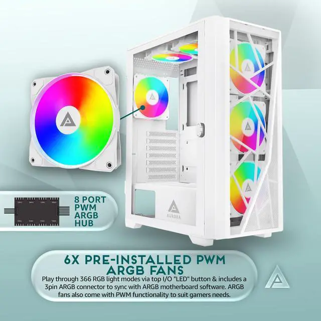 Alt view image 3 of 5 - Apevia Aurora-WH Aurora Mid Tower Gaming PC Case w/ 6X 120mm PWM ARGB Fans, 366 RGB Light Modes, 1x Glass & Mesh Front Panel, 1x Door Swivel Style Magnetic Glass Side Panel, 2X USB3.0, White