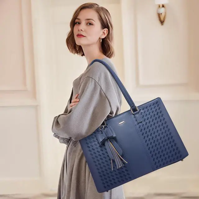 Alt view image 2 of 5 - LOVEVOOK Laptop Tote Bag for Women 15.6 Inch Waterproof PU Leather Computer Bags Women Business Office Work Bag Briefcase,Navy Blue
