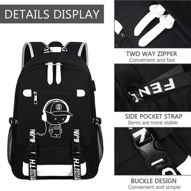 Alt view image 5 of 5 - RM Family School Backpack for Boys Print Backpack Teenagers Anime Large School Bag Outdoor Reflective Daypack.Luminous Pattern Travel Laptop Backpack - With Usb Charging Port Headphone port