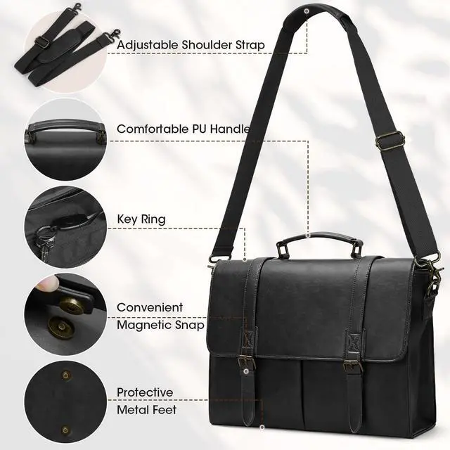 Alt view image 4 of 5 - RAINSMORE Messenger Bag for Men 15.6 Inch Vintage Leather Briefcase Waterproof Laptop Bag Large Satchel Office Work Business College Computer Bag, Black