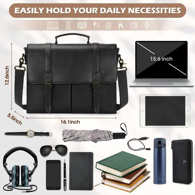 Alt view image 5 of 5 - RAINSMORE Messenger Bag for Men 15.6 Inch Vintage Leather Briefcase Waterproof Laptop Bag Large Satchel Office Work Business College Computer Bag, Black