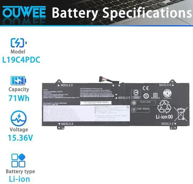 Alt view image 2 of 5 - OUWEE L19C4PDC L19M4PDC L19L4PDC Laptop Battery Replacement for Lenovo Ideapad Yoga 7i 2020 2021 2022 7-14ITL5 7-15ITL5 7-14ACN6 7-14ARB7 Series 5B10Z26479 SB10Z26481 5B10Z26482 15.36V 71Wh 4622mAh