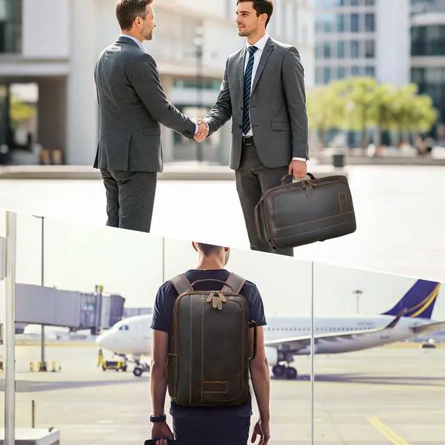 Alt view image 2 of 5 - Masa Kawa Leather 15.6" Laptop Backpack for Men Convertible Briefcase Backpacks Expandable Vintage Business Work Travel Rucksack Daypack, Brown