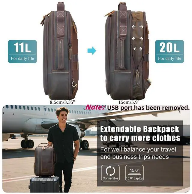 Alt view image 3 of 5 - Masa Kawa Leather 15.6" Laptop Backpack for Men Convertible Briefcase Backpacks Expandable Vintage Business Work Travel Rucksack Daypack, Brown