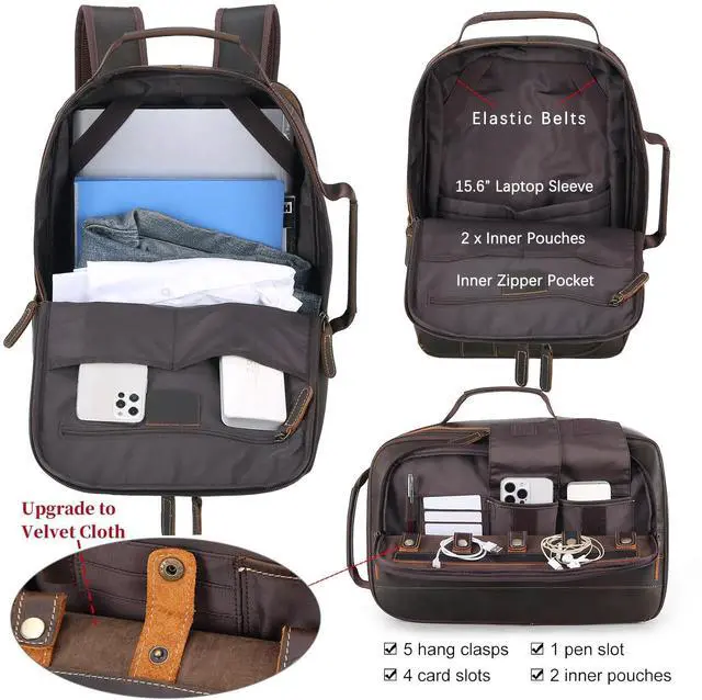 Alt view image 5 of 5 - Masa Kawa Leather 15.6" Laptop Backpack for Men Convertible Briefcase Backpacks Expandable Vintage Business Work Travel Rucksack Daypack, Brown