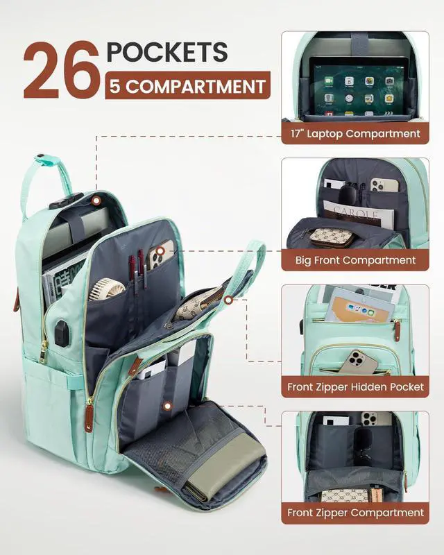 Alt view image 3 of 5 - LOVEVOOK Laptop Backpack Purse for Women, Unisex Large Capacity 17 Inch Travel Anti-theft Bag, Work Business Computer Bags Backpack for Men, Casual Hiking Daypack with Lock, Mint Green