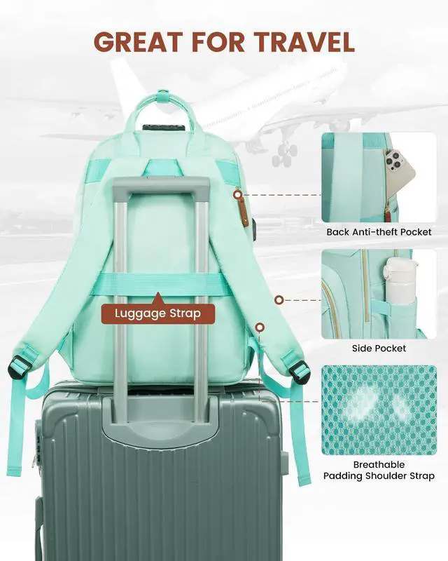 Alt view image 4 of 5 - LOVEVOOK Laptop Backpack Purse for Women, Unisex Large Capacity 17 Inch Travel Anti-theft Bag, Work Business Computer Bags Backpack for Men, Casual Hiking Daypack with Lock, Mint Green