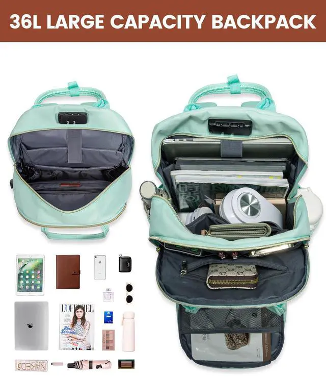 Alt view image 2 of 5 - LOVEVOOK Laptop Backpack Purse for Women, Unisex Large Capacity 17 Inch Travel Anti-theft Bag, Work Business Computer Bags Backpack for Men, Casual Hiking Daypack with Lock, Mint Green
