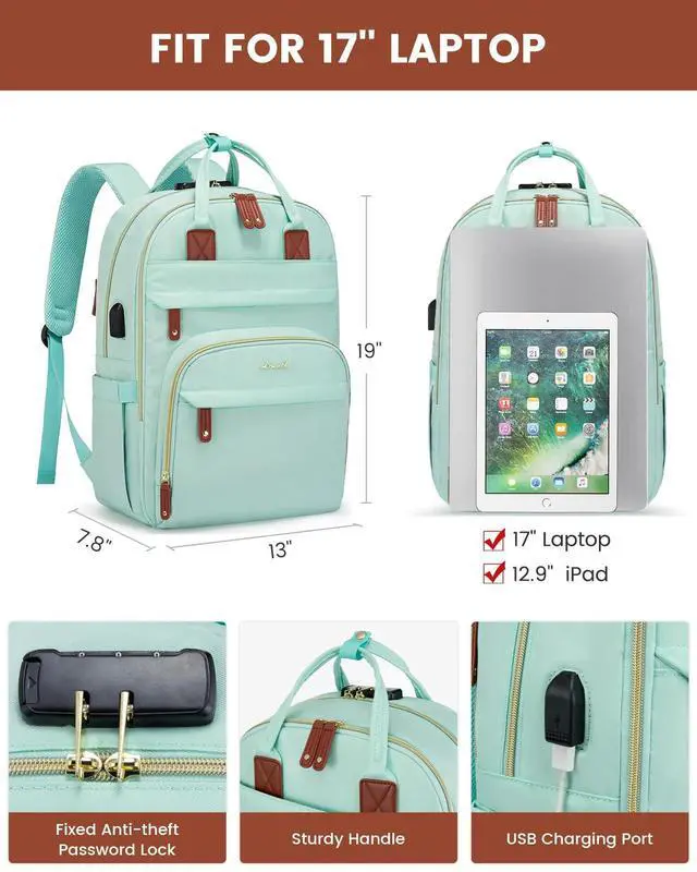 Alt view image 5 of 5 - LOVEVOOK Laptop Backpack Purse for Women, Unisex Large Capacity 17 Inch Travel Anti-theft Bag, Work Business Computer Bags Backpack for Men, Casual Hiking Daypack with Lock, Mint Green