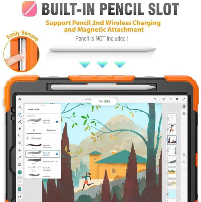 Alt view image 3 of 5 - HXCASEAC Case for iPad Pro 12.9 Case 6th 5th 4th 3rd Generation with Pencil Holder/Hand Strap/Screen Protector/Wireless Charge Attachment, Heavy Duty Protective 12.9-inch 2022/2021/2020/2018 - Orange