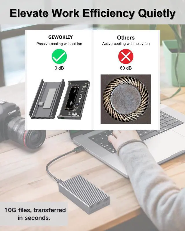 Alt view image 4 of 5 - GEWOKLIY Noiseless 40Gbps M.2 NVMe Enclosure, USB C Aluminum External SSD Enclosure Compatible Thunderbolt4/3 8TB SSD Adapter, PCIe Gen4 M.2 SSD Reader Fits 2280/2260/2242/2230mm M B+M Key