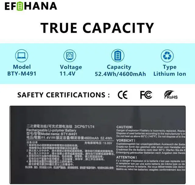 Alt view image 4 of 5 - EFOHANA BTY-M491 Laptop Battery Replacement for Msi Modern 15 A10M-215XFR 15 A10M-652UK A10M-004XFR A10M-489CA, Summit B15 A11MT-266XRU Series 3ICP6/71/74 11.4V 52.4Wh 4600mAh