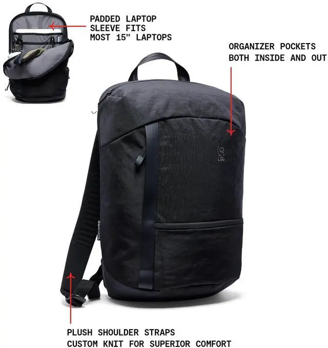 Alt view image 2 of 5 - Chrome Industries Camden Backpack  16L Travel Bag for Men and Women with Plush Knit Shoulder Straps Recycled Materials and Internal Laptop Sleeve  Black