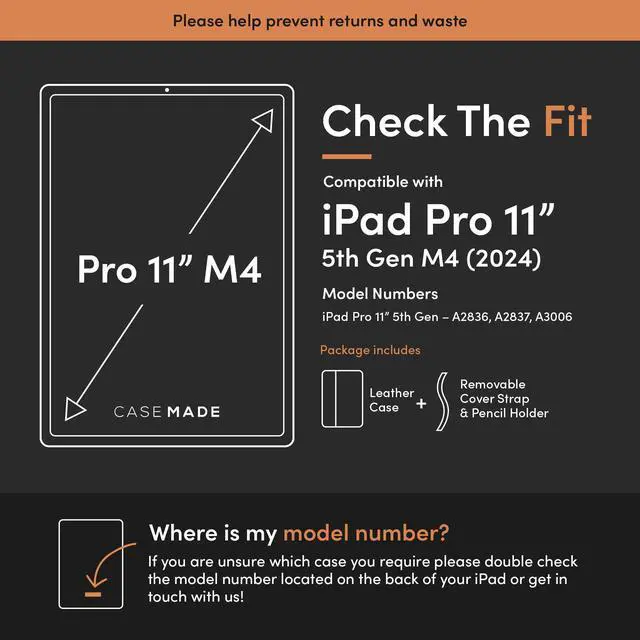 Alt view image 2 of 5 - Casemade Real Leather Case Compatible with iPad Pro 11 M4 (2024) - Full-Grain Leather Cover, Auto Sleep/Wake, Dual Stand Position (Tan)