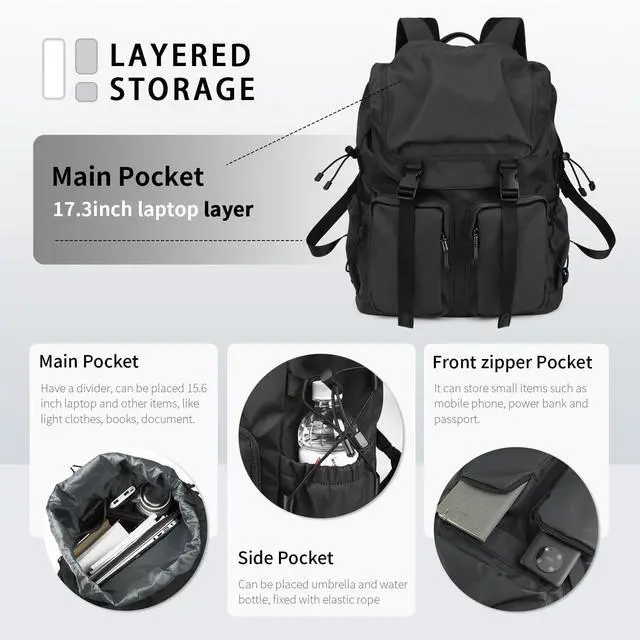 Alt view image 2 of 5 - BJIAX Vintage Laptop Backpack for Men & Women, 35L Functional Stylish Backpack with Stretchy Side Pocket Design, Water Resistant College Work Commuter Travel Backpack Fits 17.3 Inch Tablet, Notebook