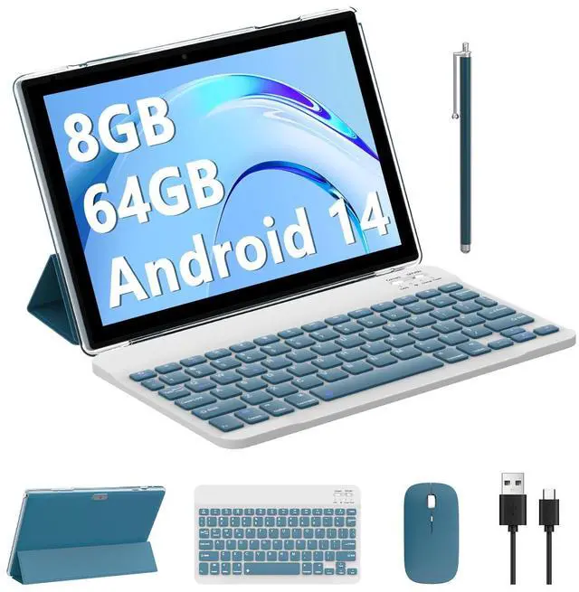 Main image of BYANDBY Android 14, 2 in 1 Tablet with Keyboard, 10 inch Tablets, 8GB+64GB/1TB Expand, 2.4G+5G+Wi-Fi 6, Dual Camera, 6000 mAh, BT, GMS, Games, with Case (Green)