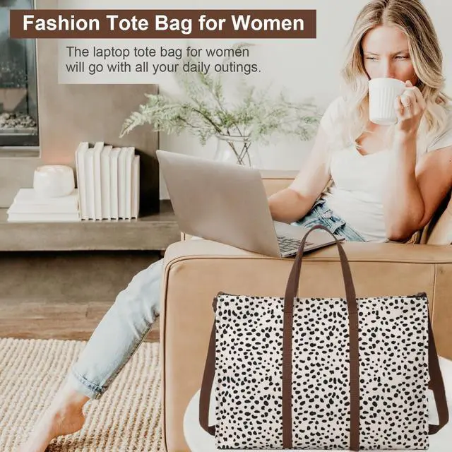 Alt view image 5 of 5 - Laptop Tote Bag for Women Work Shoulder Bags 15.6 inch Canvas Laptop Computer Purse Messenger Teacher Handbag Business Office Briefcase (Leopard - Apricot)