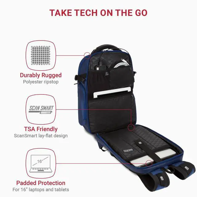 Alt view image 2 of 5 - SwissGear Travel Tech Elite Laptop Backpack  Fits Laptops up to 16  ScanSmart TSA-Friendly Backpack with USB Port, Shoe Compartment & Organizer Pockets  Navy Ballistic