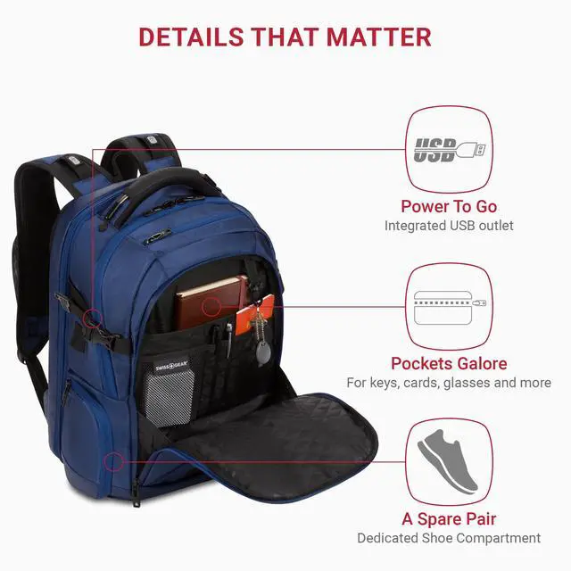 Alt view image 3 of 5 - SwissGear Travel Tech Elite Laptop Backpack  Fits Laptops up to 16  ScanSmart TSA-Friendly Backpack with USB Port, Shoe Compartment & Organizer Pockets  Navy Ballistic