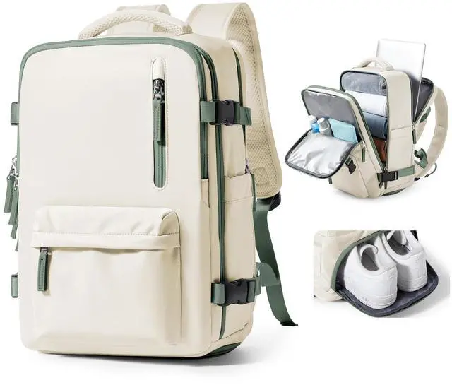 Main image of VGCUB Large Travel Backpack Bag for Women Men,Carry on Backpack,17 Inch Laptop Business Work Waterproof Backpack with Laptop Compartment,Person Item Flight Approved,Mochila de Viaje,Beige with Green