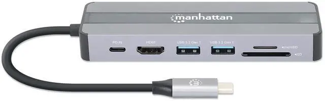Alt view image 3 of 5 - Manhattan USB-C 7-in-1 Docking Station with Power Delivery  7 in. Cable, USB C 3.2 to HDMI (4K@30Hz), 2 USB-A (5 Gbps), Gigabit RJ45, USB-C PD (87W), SD & microSD Card Reader, Aluminum Housing-153928