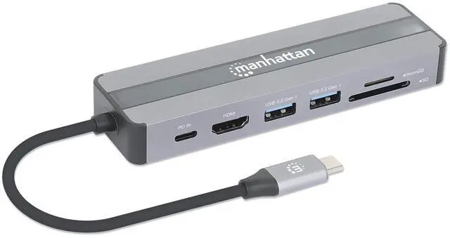 Alt view image 2 of 5 - Manhattan USB-C 7-in-1 Docking Station with Power Delivery  7 in. Cable, USB C 3.2 to HDMI (4K@30Hz), 2 USB-A (5 Gbps), Gigabit RJ45, USB-C PD (87W), SD & microSD Card Reader, Aluminum Housing-153928