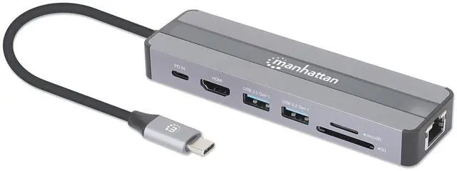 Main image of Manhattan USB-C 7-in-1 Docking Station with Power Delivery  7 in. Cable, USB C 3.2 to HDMI (4K@30Hz), 2 USB-A (5 Gbps), Gigabit RJ45, USB-C PD (87W), SD & microSD Card Reader, Aluminum Housing-153928