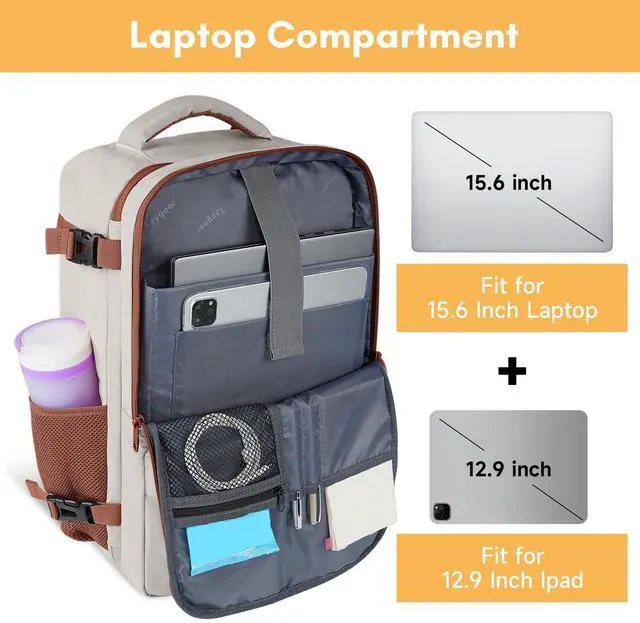 Alt view image 5 of 5 - Taygeer Backpack for Women, College Backpack with Laptop Compartment & Shoe Pouch, 35l Travel Laptop Mochila Carry On Luggage, Airline Approved Personal Item Bag For Weekender Gym Hiking, Khaki White