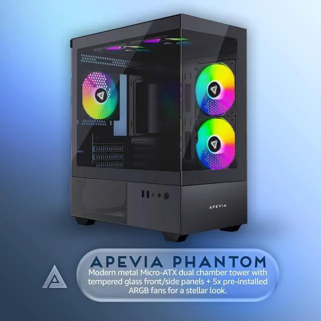 Alt view image 2 of 5 - Apevia Phantom-BK Phantom Micro-ATX Dual-Chamber Gaming PC Case w/ 5X 120mm ARGB Fans, 366 RGB Modes, Dual Tempered Glass Panels, 240mm Radiator Support, 2X USB3.0, HD Audio Port, Black