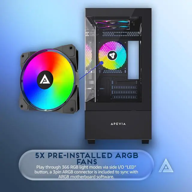 Alt view image 3 of 5 - Apevia Phantom-BK Phantom Micro-ATX Dual-Chamber Gaming PC Case w/ 5X 120mm ARGB Fans, 366 RGB Modes, Dual Tempered Glass Panels, 240mm Radiator Support, 2X USB3.0, HD Audio Port, Black