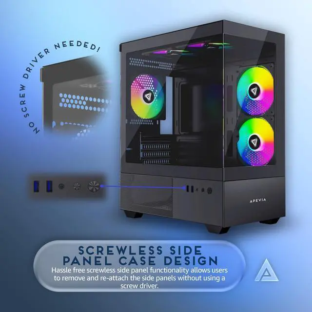 Alt view image 5 of 5 - Apevia Phantom-BK Phantom Micro-ATX Dual-Chamber Gaming PC Case w/ 5X 120mm ARGB Fans, 366 RGB Modes, Dual Tempered Glass Panels, 240mm Radiator Support, 2X USB3.0, HD Audio Port, Black