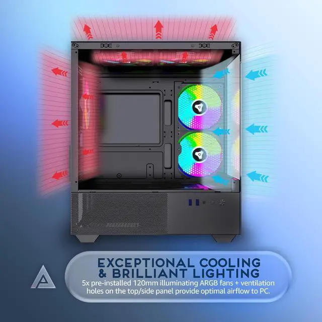 Alt view image 4 of 5 - Apevia Phantom-BK Phantom Micro-ATX Dual-Chamber Gaming PC Case w/ 5X 120mm ARGB Fans, 366 RGB Modes, Dual Tempered Glass Panels, 240mm Radiator Support, 2X USB3.0, HD Audio Port, Black