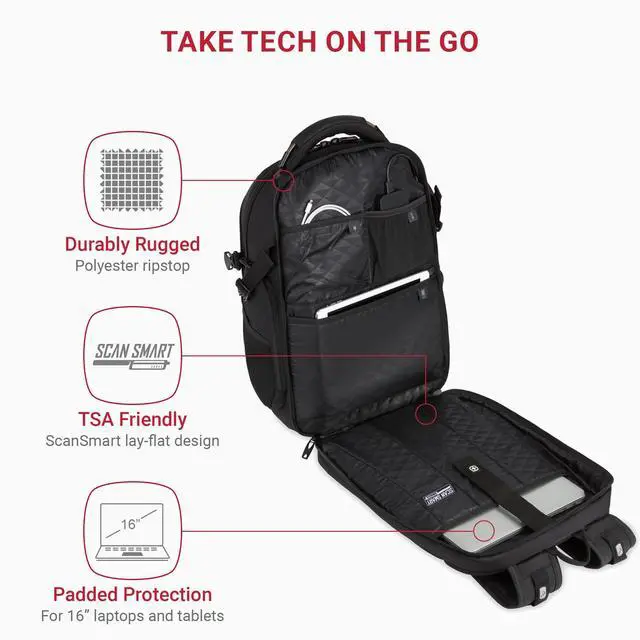 Alt view image 2 of 5 - SwissGear Travel Tech Elite Laptop Backpack  Fits Laptops up to 16  ScanSmart TSA-Friendly Backpack with USB Port, Shoe Compartment & Organizer Pockets  Black