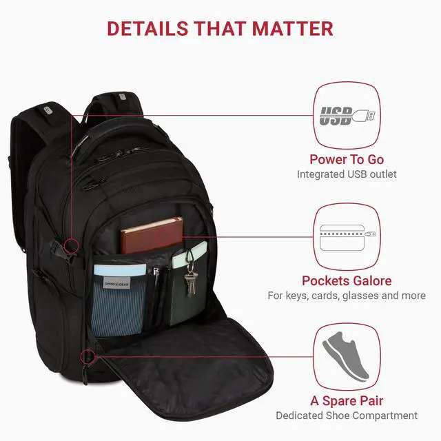 Alt view image 3 of 5 - SwissGear Travel Tech Elite Laptop Backpack  Fits Laptops up to 16  ScanSmart TSA-Friendly Backpack with USB Port, Shoe Compartment & Organizer Pockets  Black